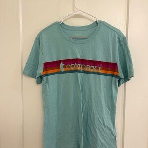 Cotopaxi Casual Hiking Spring Aqua Tee with Rainbow Stripe Logo Loungewear